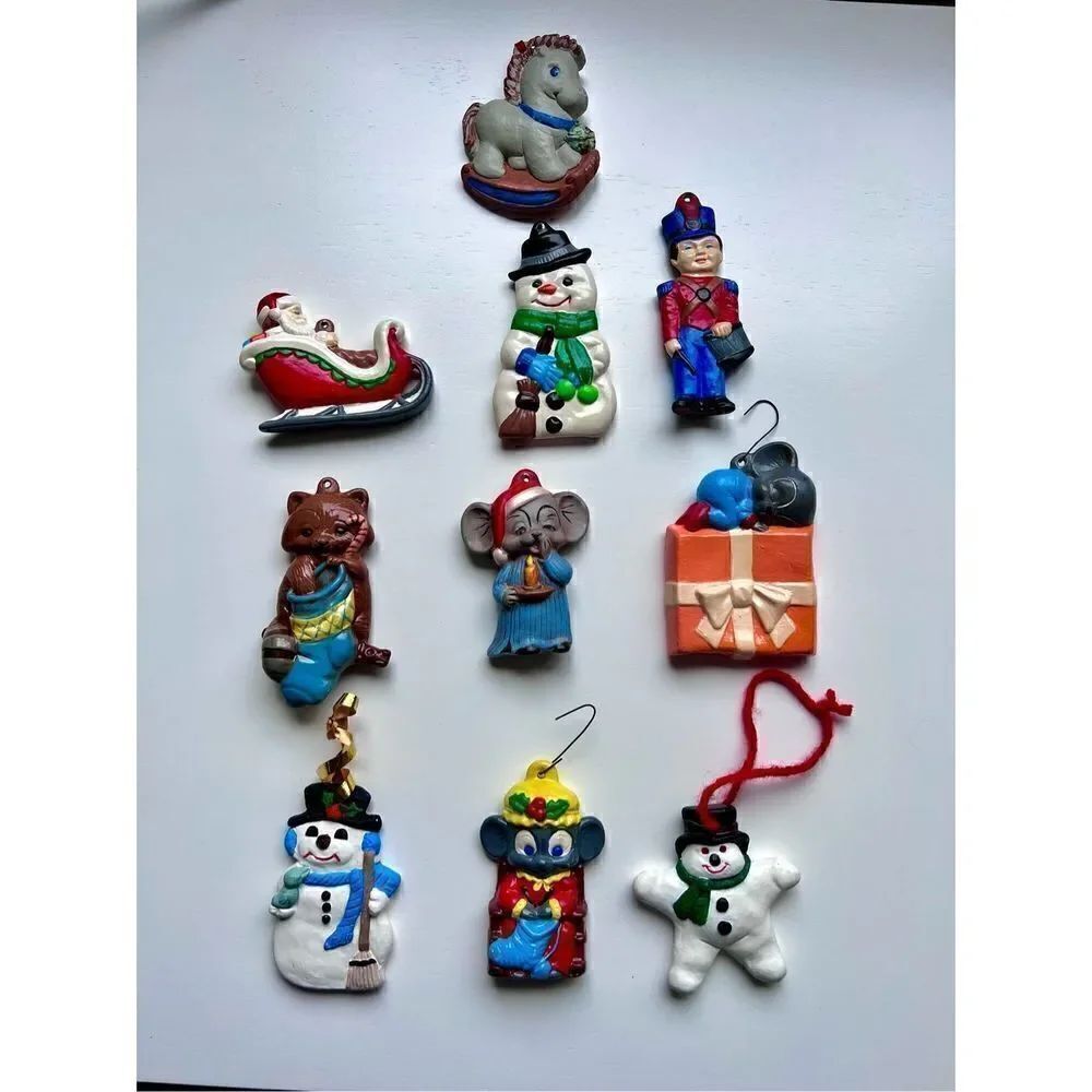 Set of 10 Vintage Ceramic Christmas Ornaments Snowmen, Santa, Mouse, Soldier